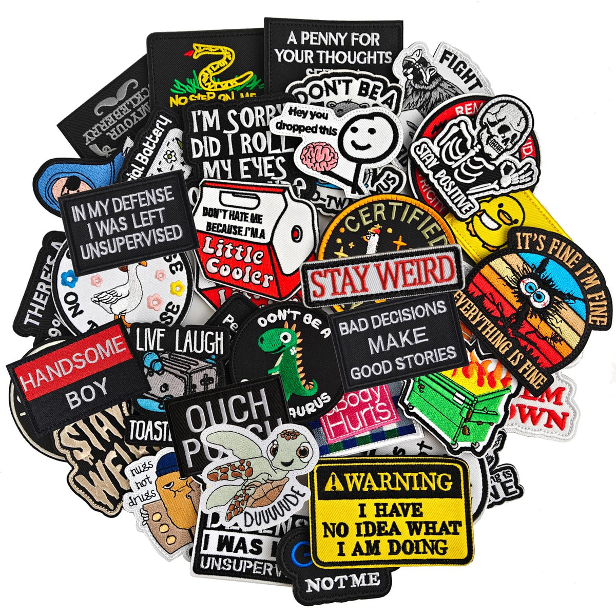 Jefuzh front packaging showing 20 assorted funny patches and quick personalization benefit