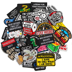Jefuzh front packaging showing 20 assorted funny patches and quick personalization benefit