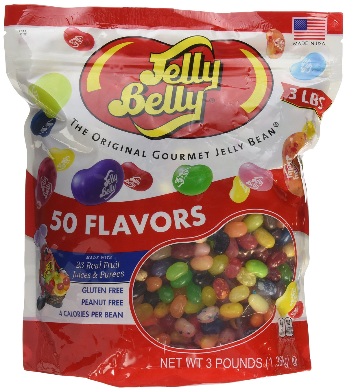Jelly Belly front pouch showing 3 lb bag and colorful candy, brand clarity and convenience