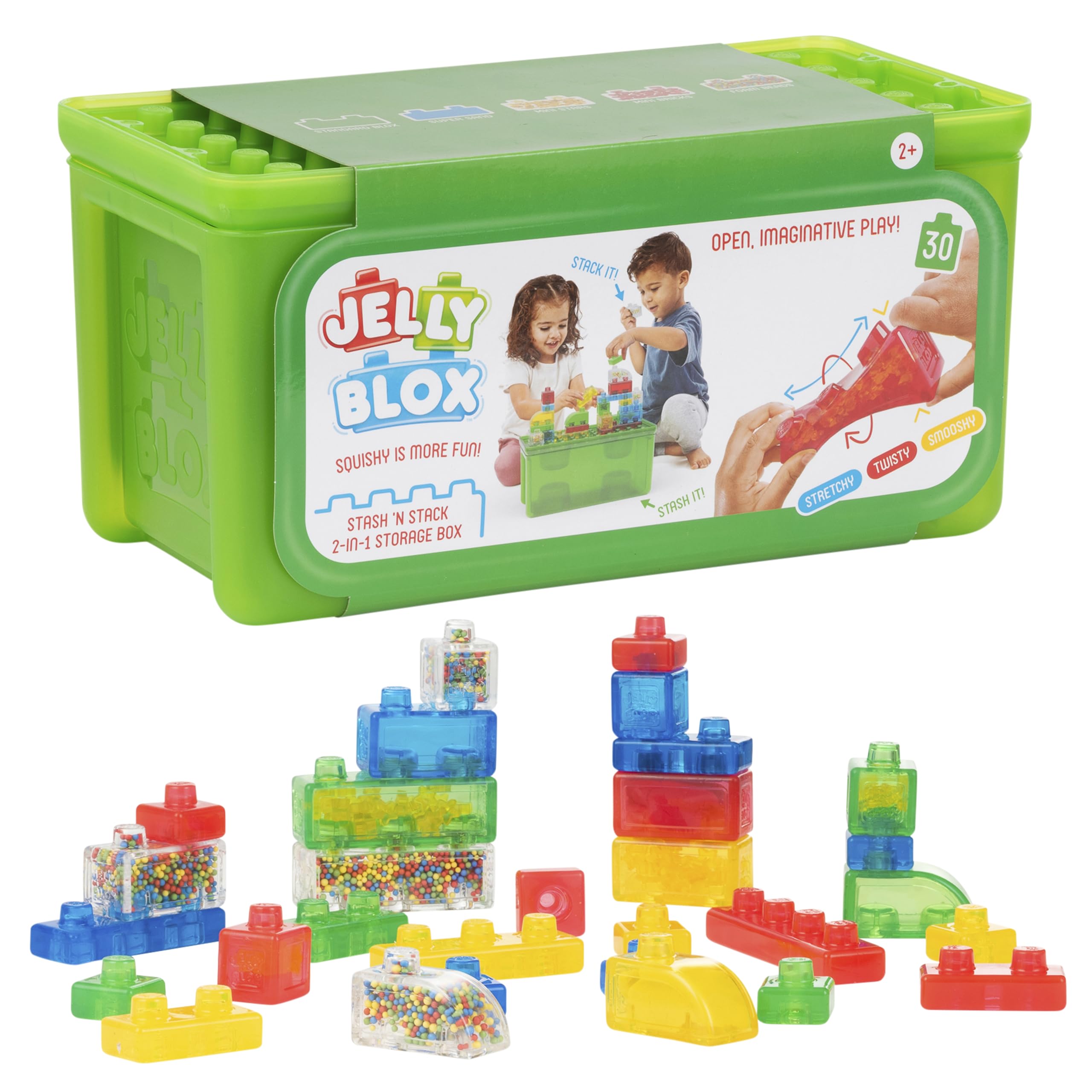 Jelly Blox front packaging shows set and storage case, easy organization benefit