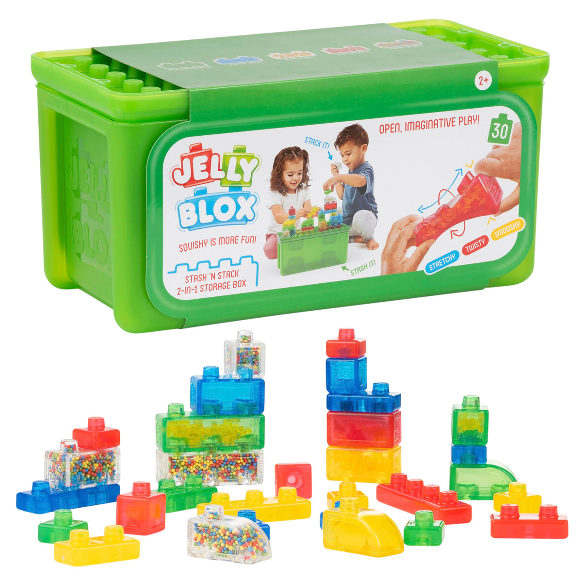 Jelly Blox front packaging shows set and storage case, easy organization benefit