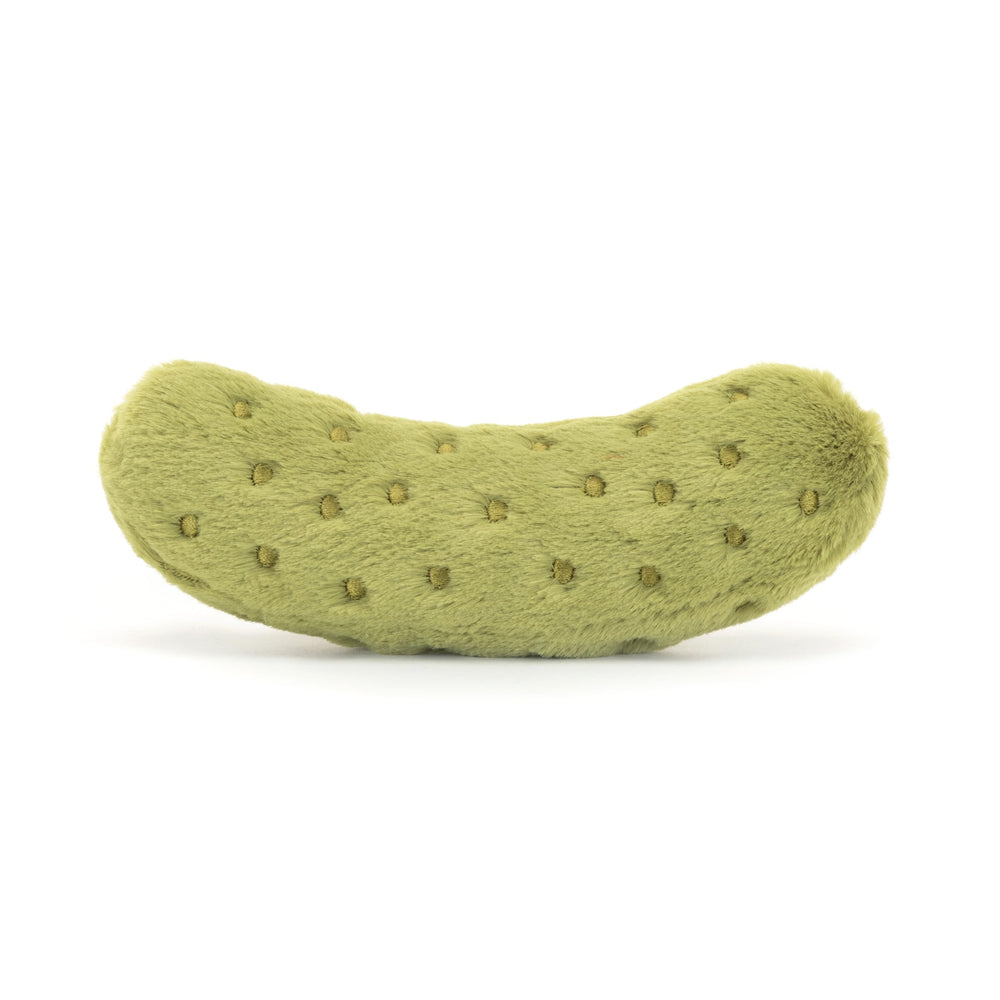 Jellycat pickle side profile displaying shape and stable base for display