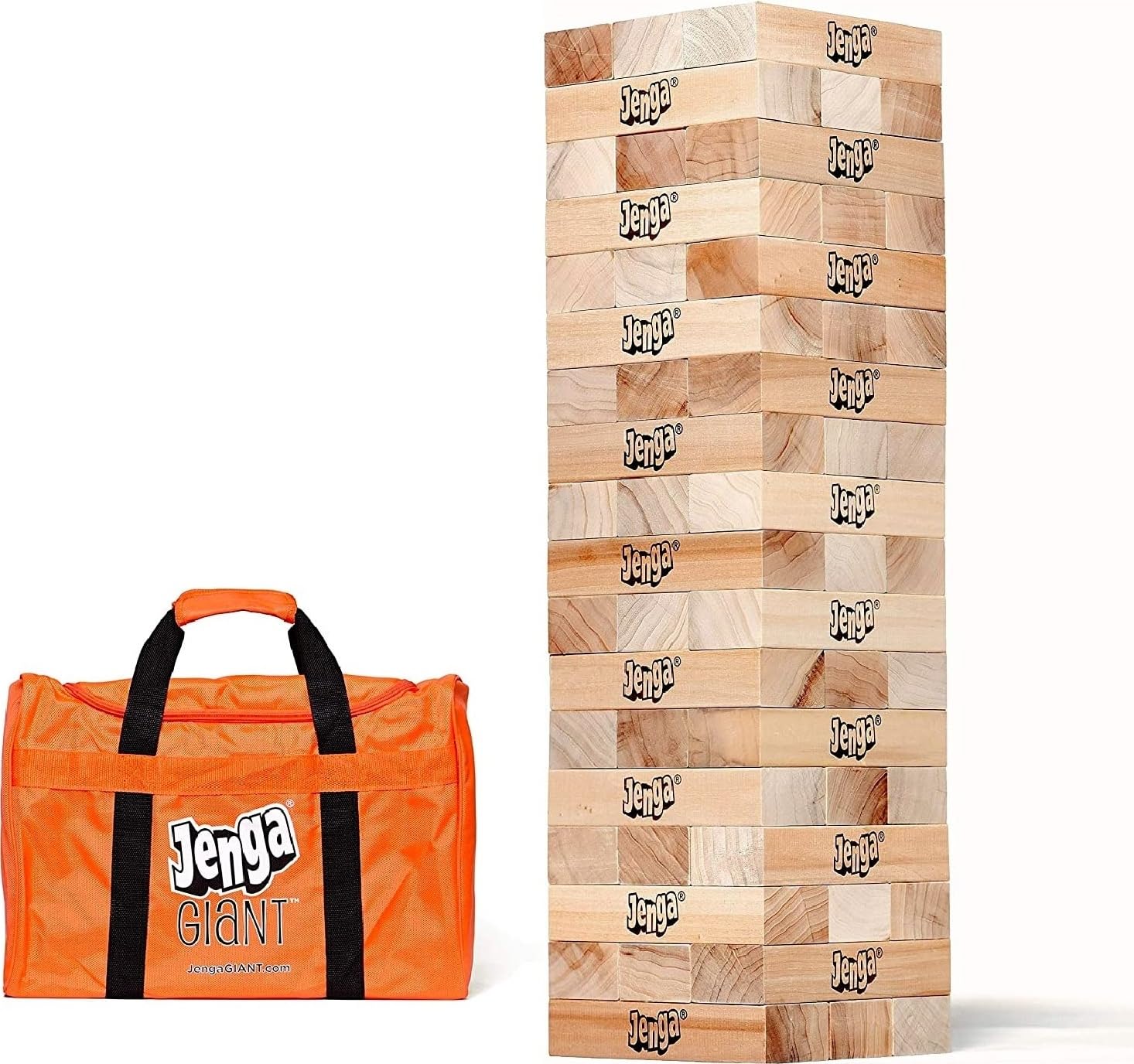 Jenga GIANT front packaging showing hardwood blocks and set inclusions for easy recognition