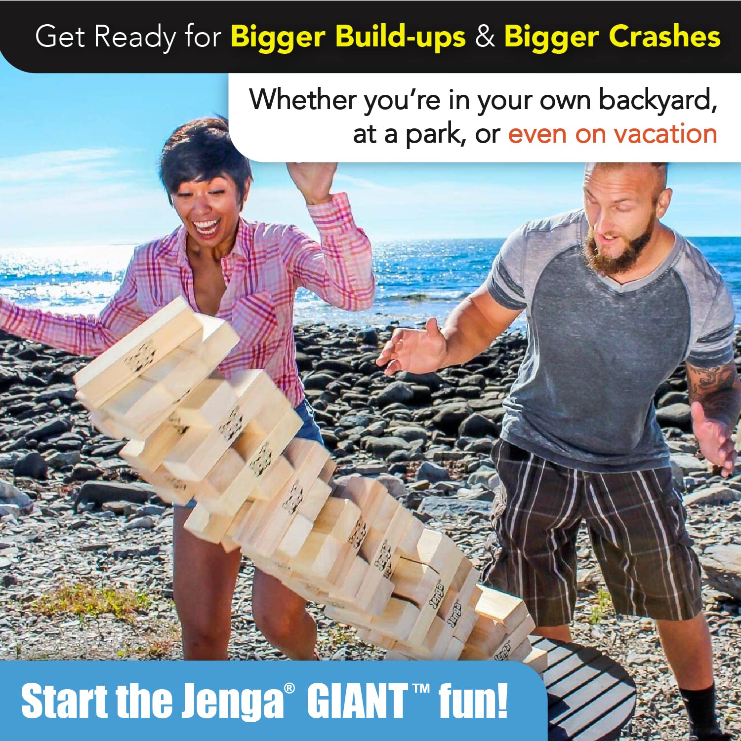 Jenga GIANT next to a person to show scale and how the tower exceeds five feet for events