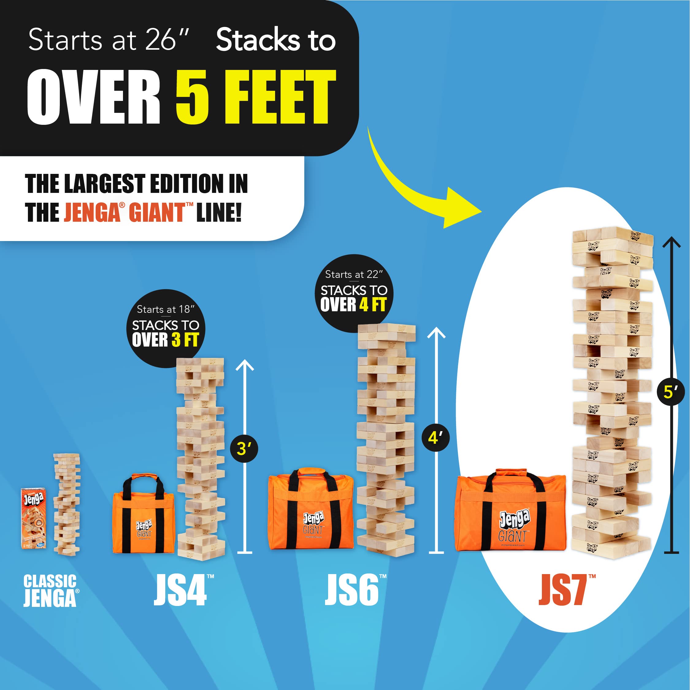 Jenga GIANT tall tower in play with players removing a block for dramatic visual impact