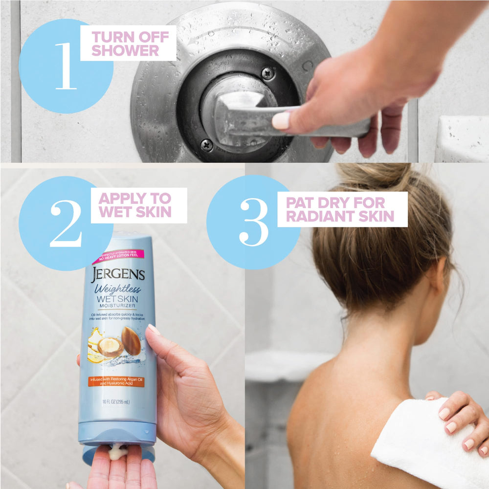 Close focus on lotion absorbing into skin, showing Jergens non-greasy finish
