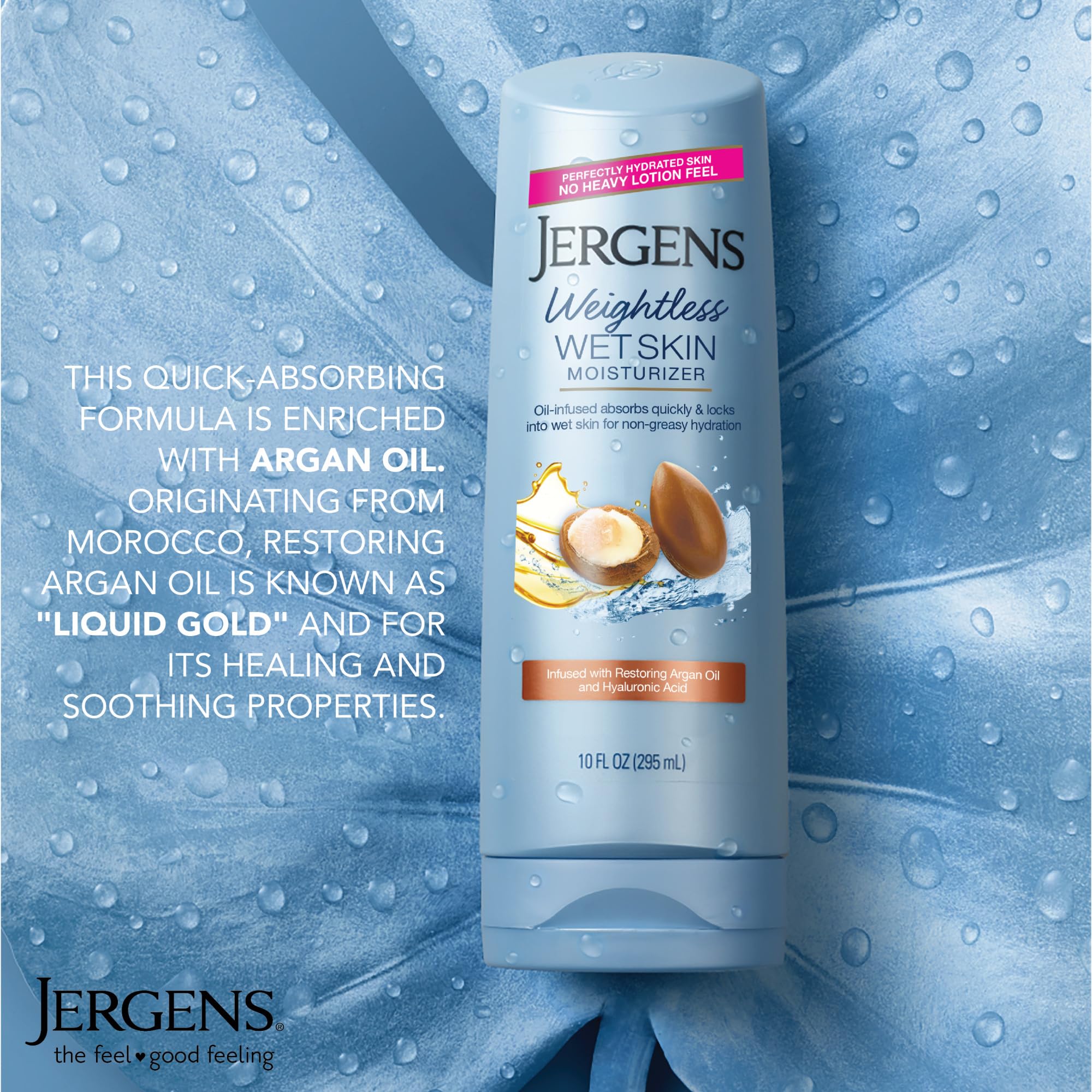 Jergens bottle on shower shelf illustrating easy wet-skin application