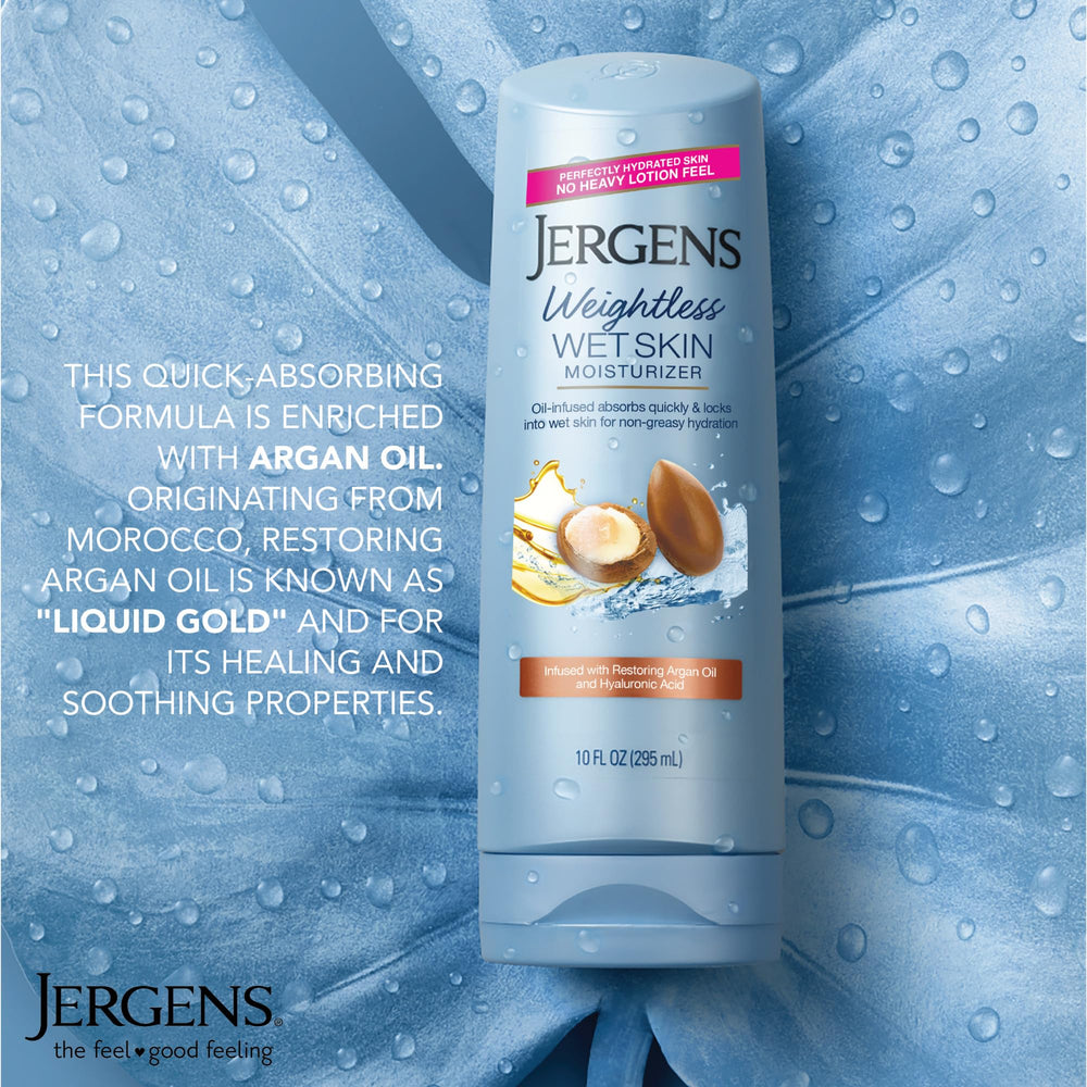 Jergens bottle on shower shelf illustrating easy wet-skin application