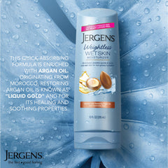 Jergens bottle on shower shelf illustrating easy wet-skin application