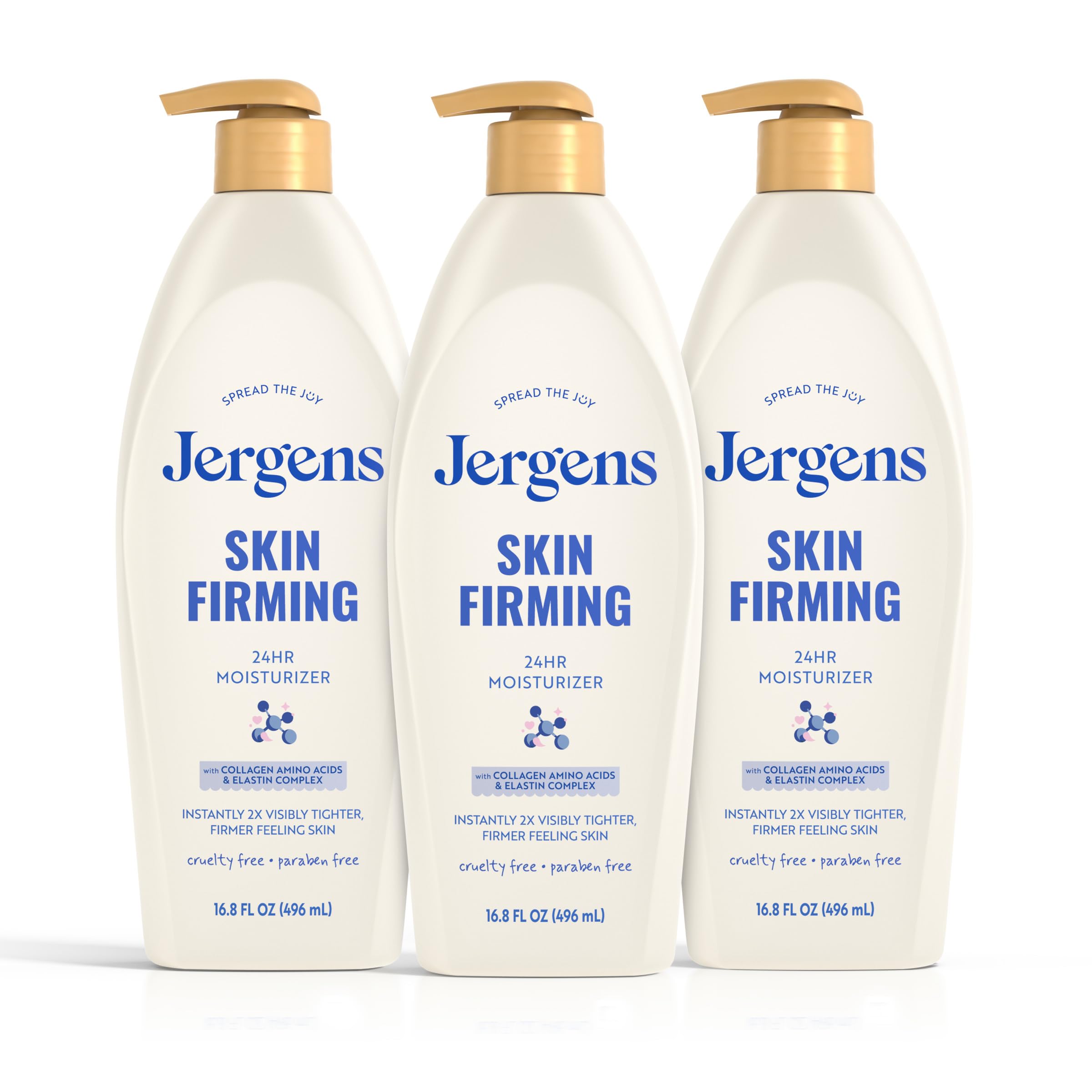 Jergens front view of three 16.8 oz bottles showing value pack and design benefits