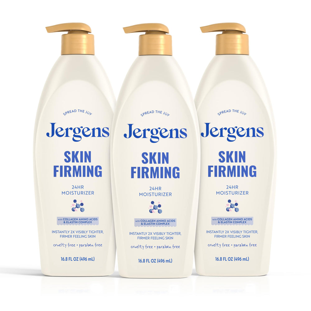 Jergens front view of three 16.8 oz bottles showing value pack and design benefits