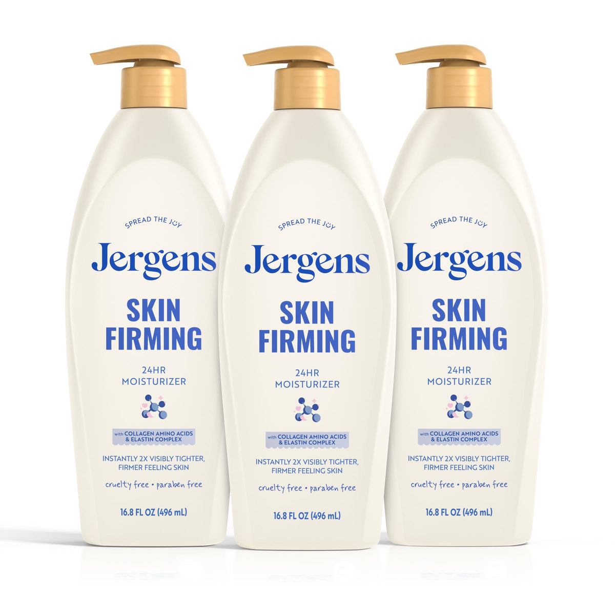 Jergens front view of three 16.8 oz bottles showing value pack and design benefits