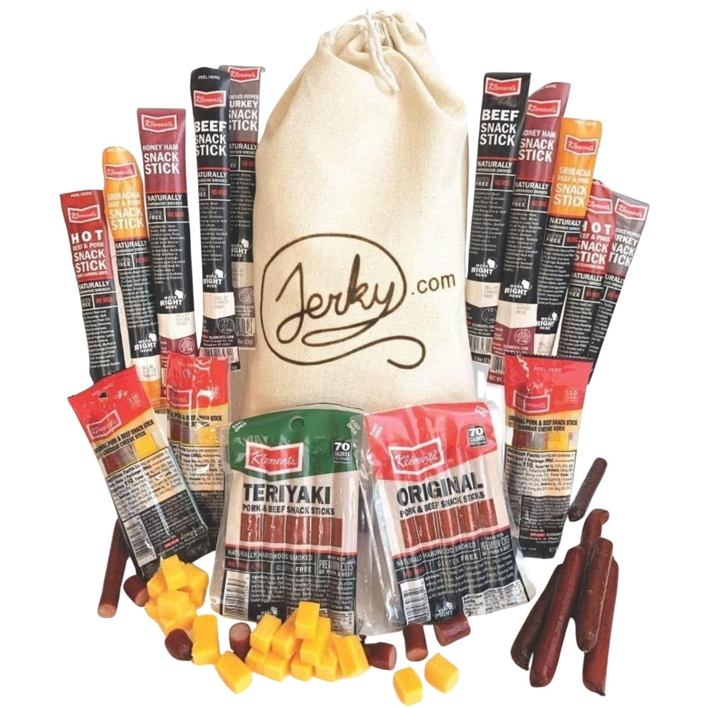 Jerky.com front packaging showing full 26-piece variety pack, great for gifting
