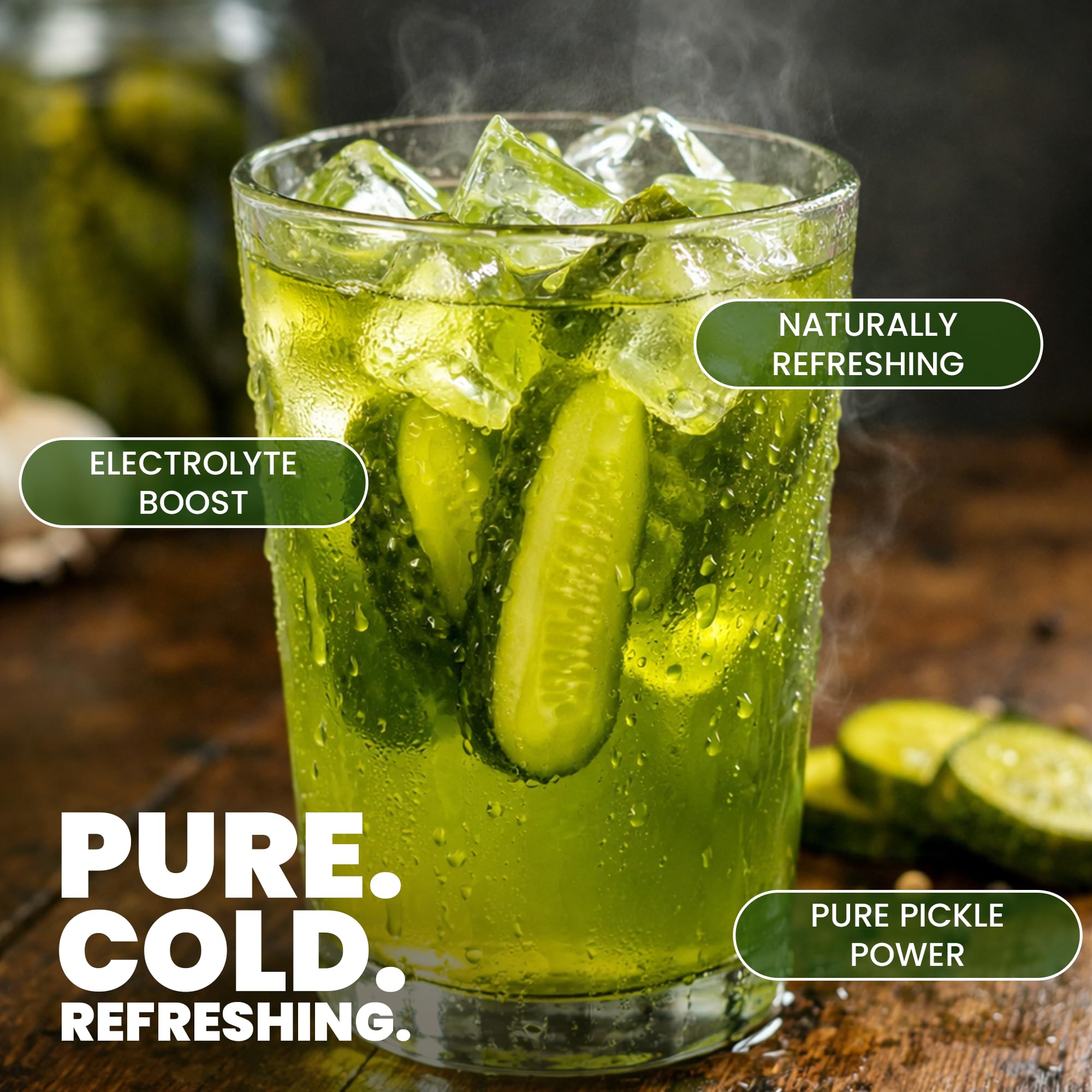 jug of Jersey Pickles pouring pickle juice into glass to show easy serving and hydration
