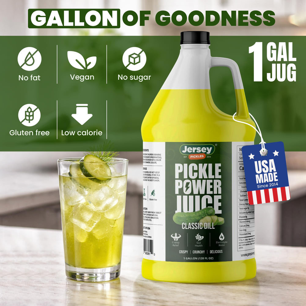 one-gallon Jersey Pickles jug next to hand for scale showing value and event-ready supply