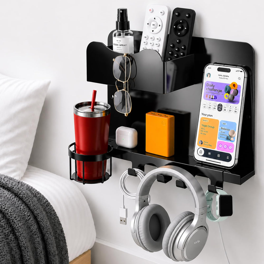 JHMFDDSB front view metal bedside shelf showing organized essentials and space saving