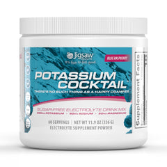 Jigsaw Health jar front view showing Potassium Cocktail label and servings, highlights convenience