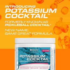 Measuring scoop of Jigsaw Health Potassium Cocktail over jar, illustrating exact serving control