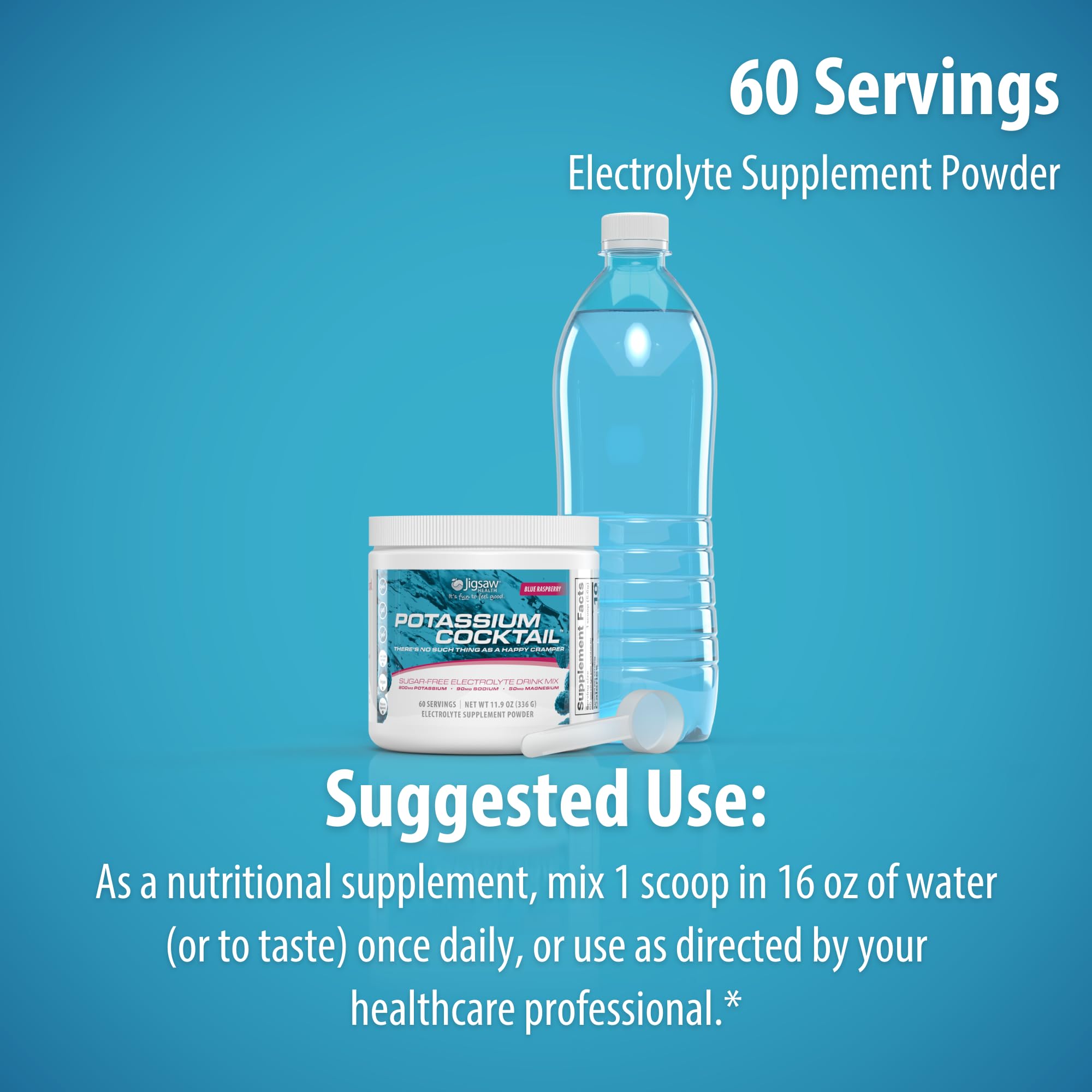 Jigsaw Health jar next to a water bottle and banana for scale, comparing serving potassium content