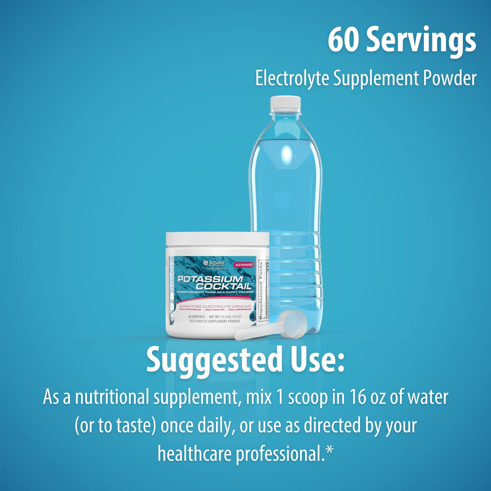 Jigsaw Health jar next to a water bottle and banana for scale, comparing serving potassium content