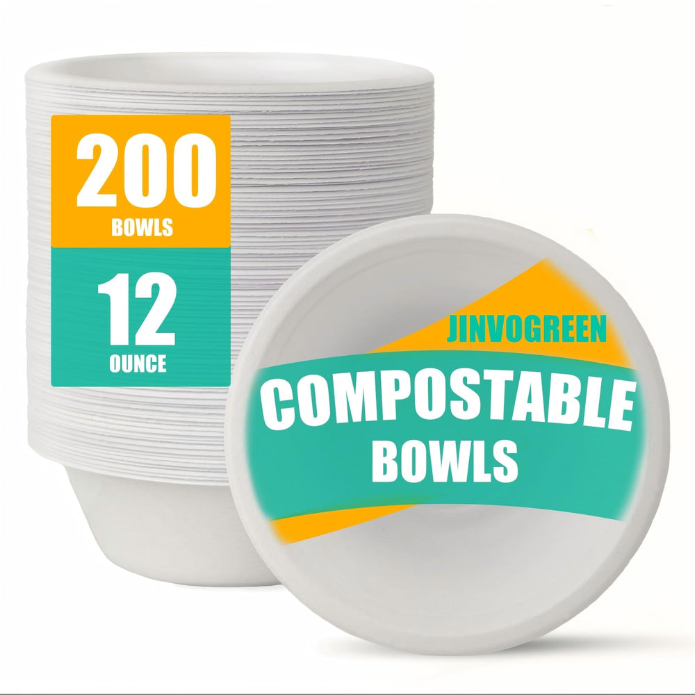 JINVOGREEN front packaging showing 200-count compostable bowls for bulk convenience