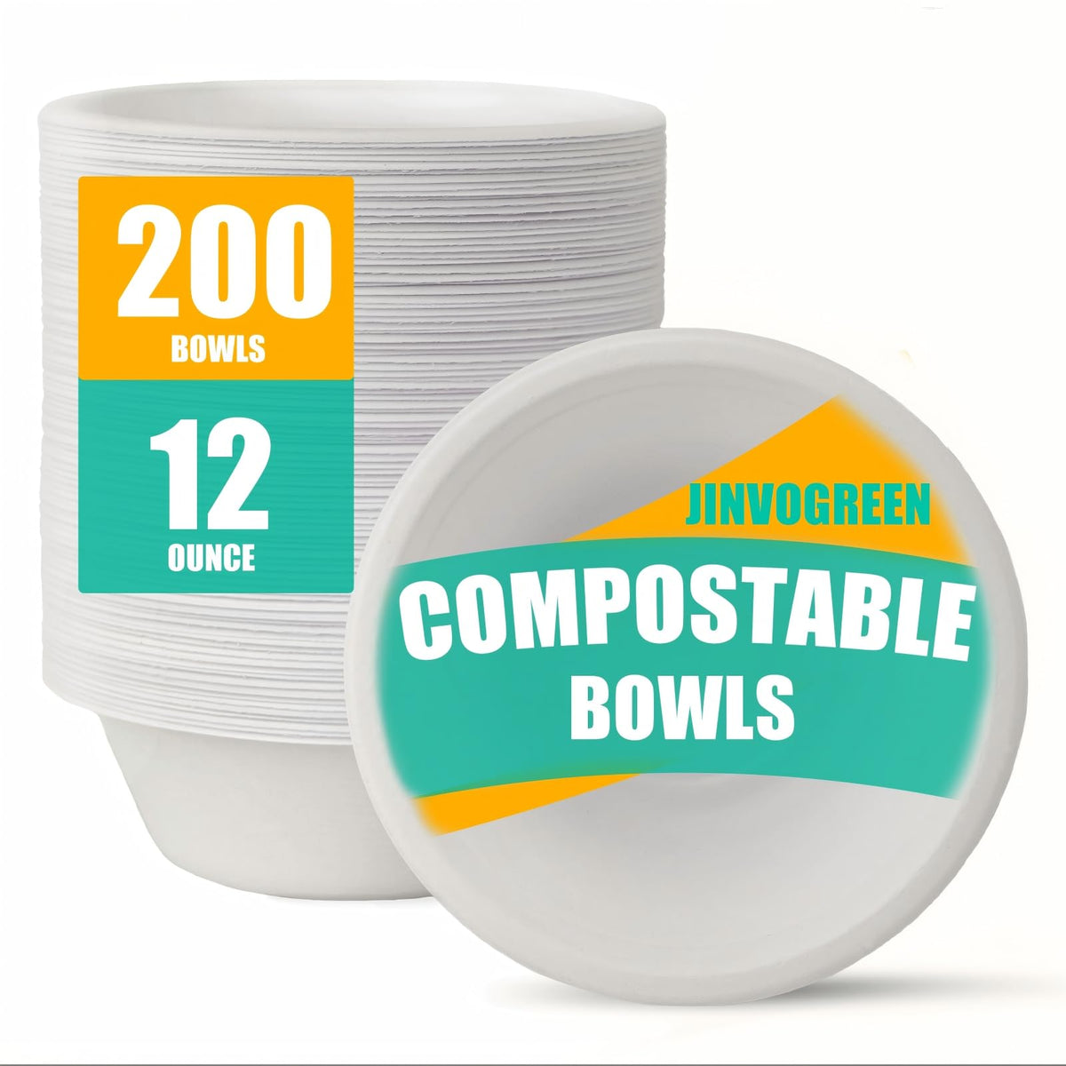 JINVOGREEN front packaging showing 200-count compostable bowls for bulk convenience