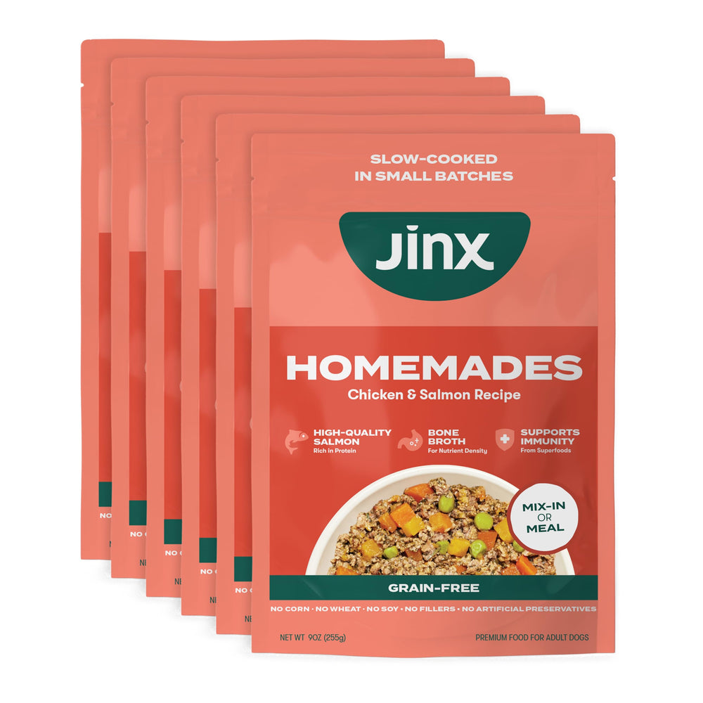 Jinx front packaging showing salmon topper and 9 oz pouch convenience