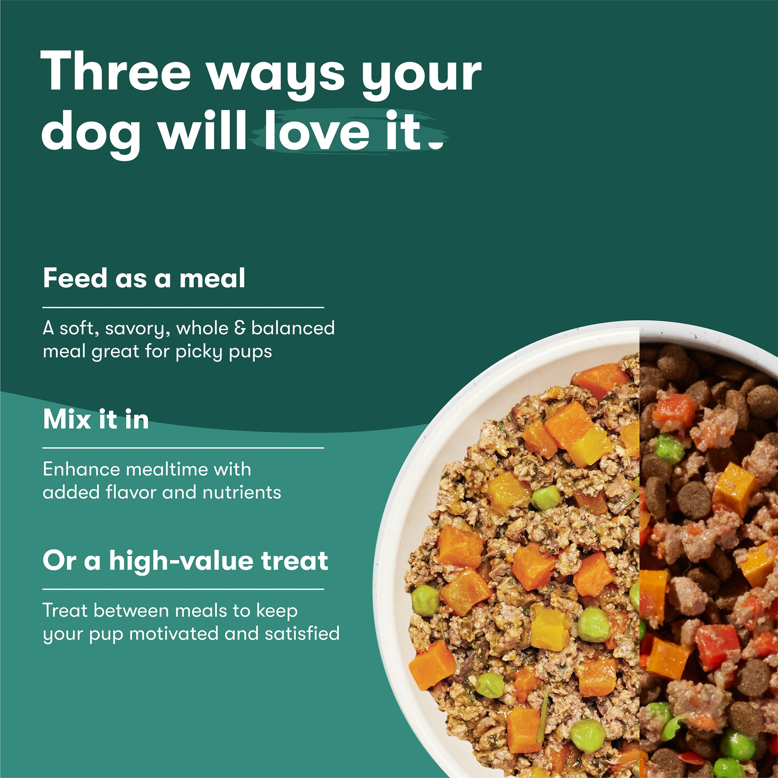 Jinx pouch beside a dog bowl demonstrating easy mix-in benefit