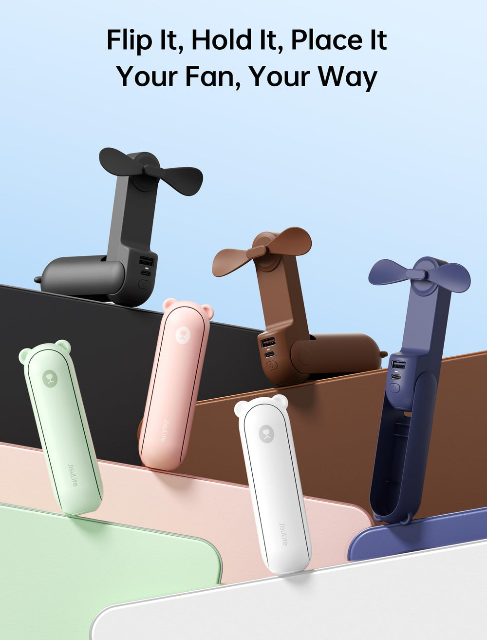 JISULIFE set as desktop fan at an angle showing hands-free cooling benefit