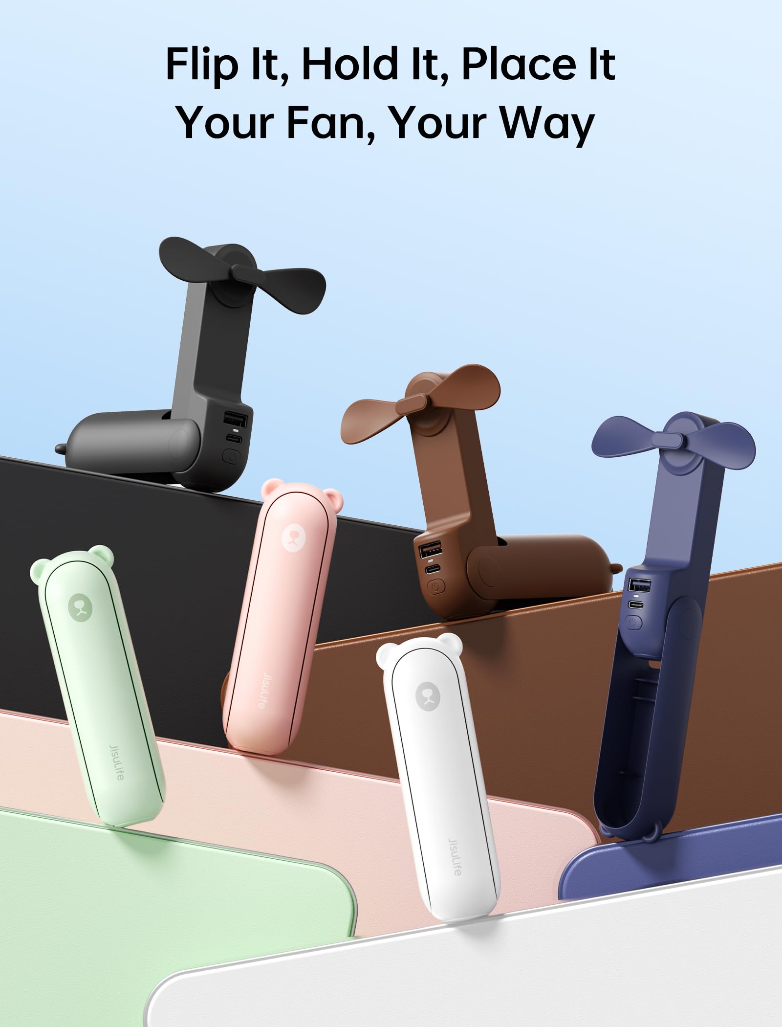 JISULIFE desktop at 270 degrees, stable hands‑free airflow advantage