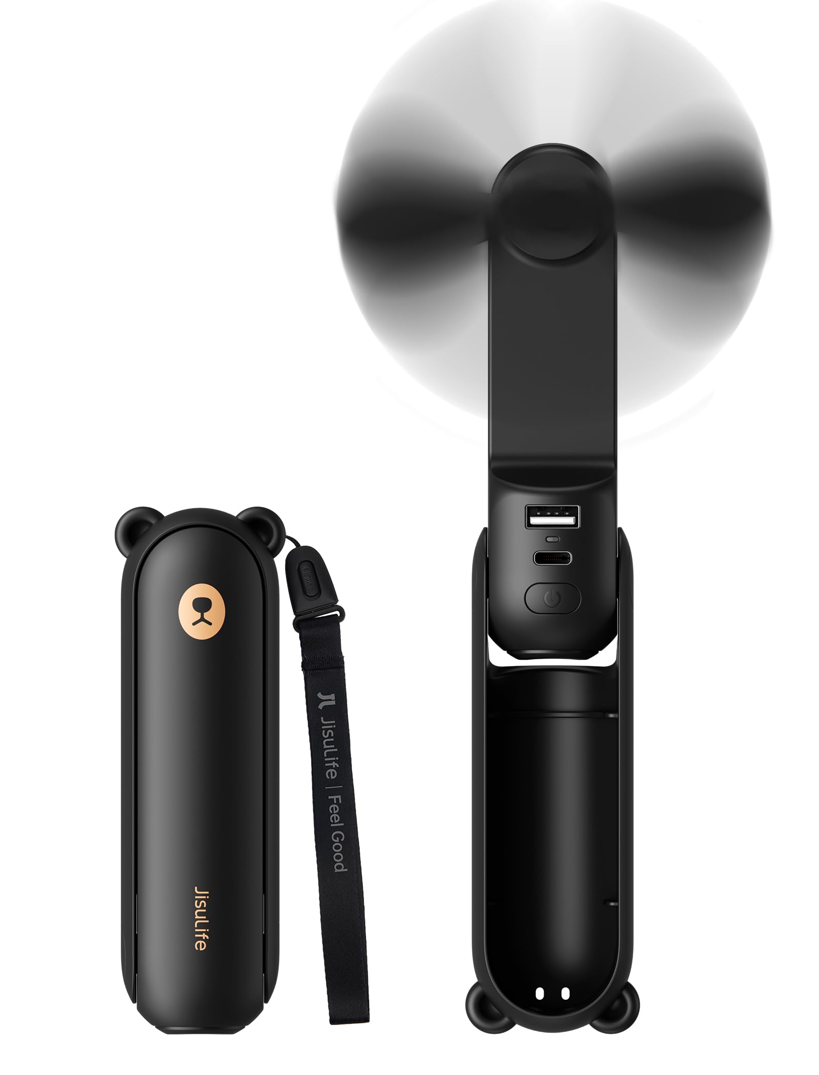 JISULIFE front view showing compact fan, power bank and flashlight benefits