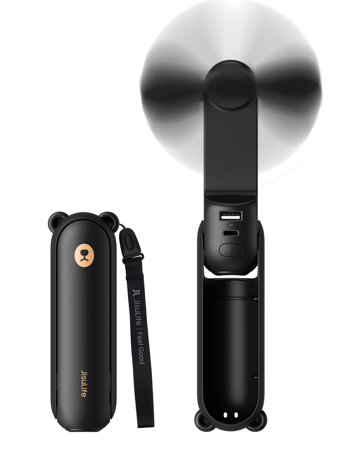JISULIFE front view showing compact fan, power bank and flashlight benefits