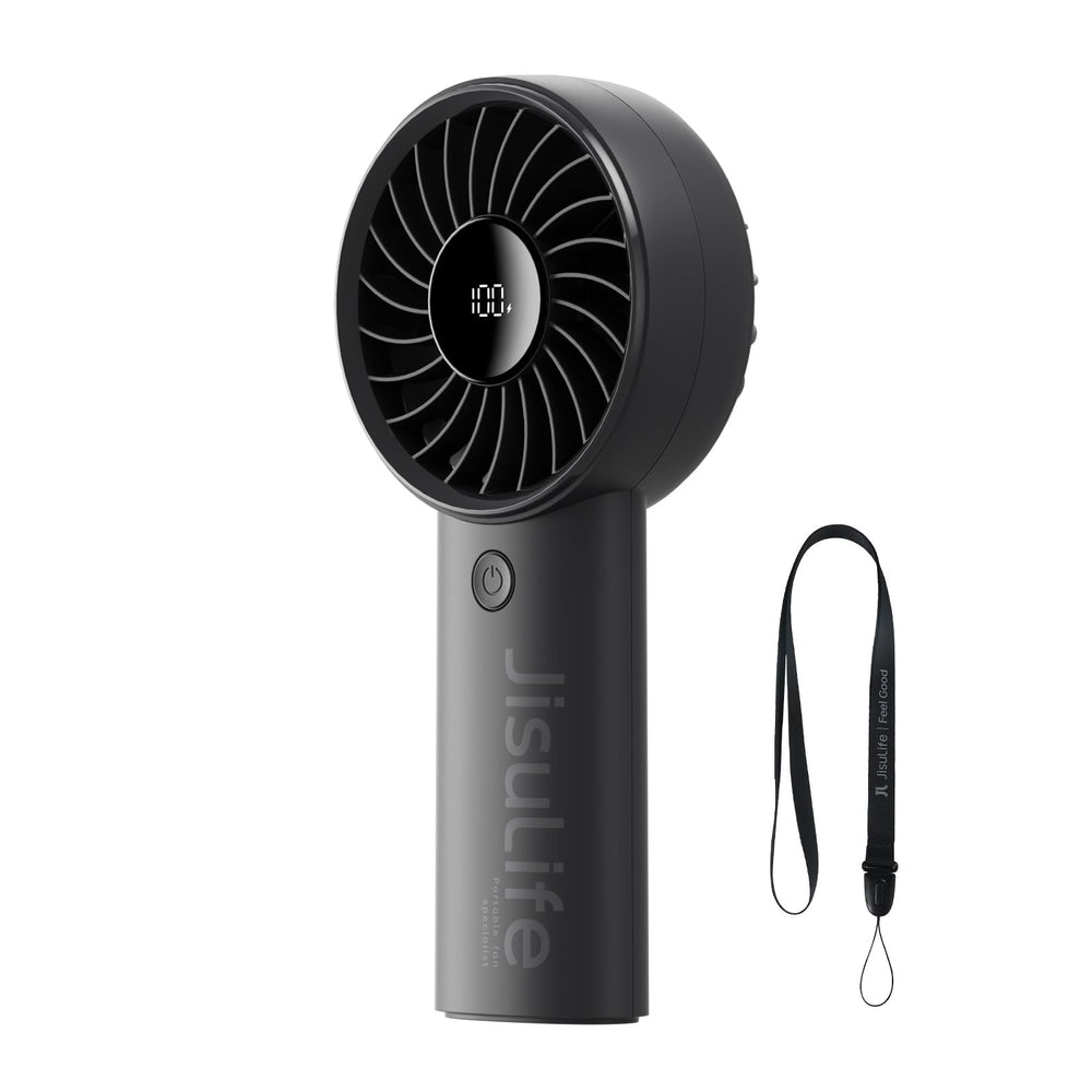 JISULIFE front view showing compact fan and ergonomic grip for portable cooling