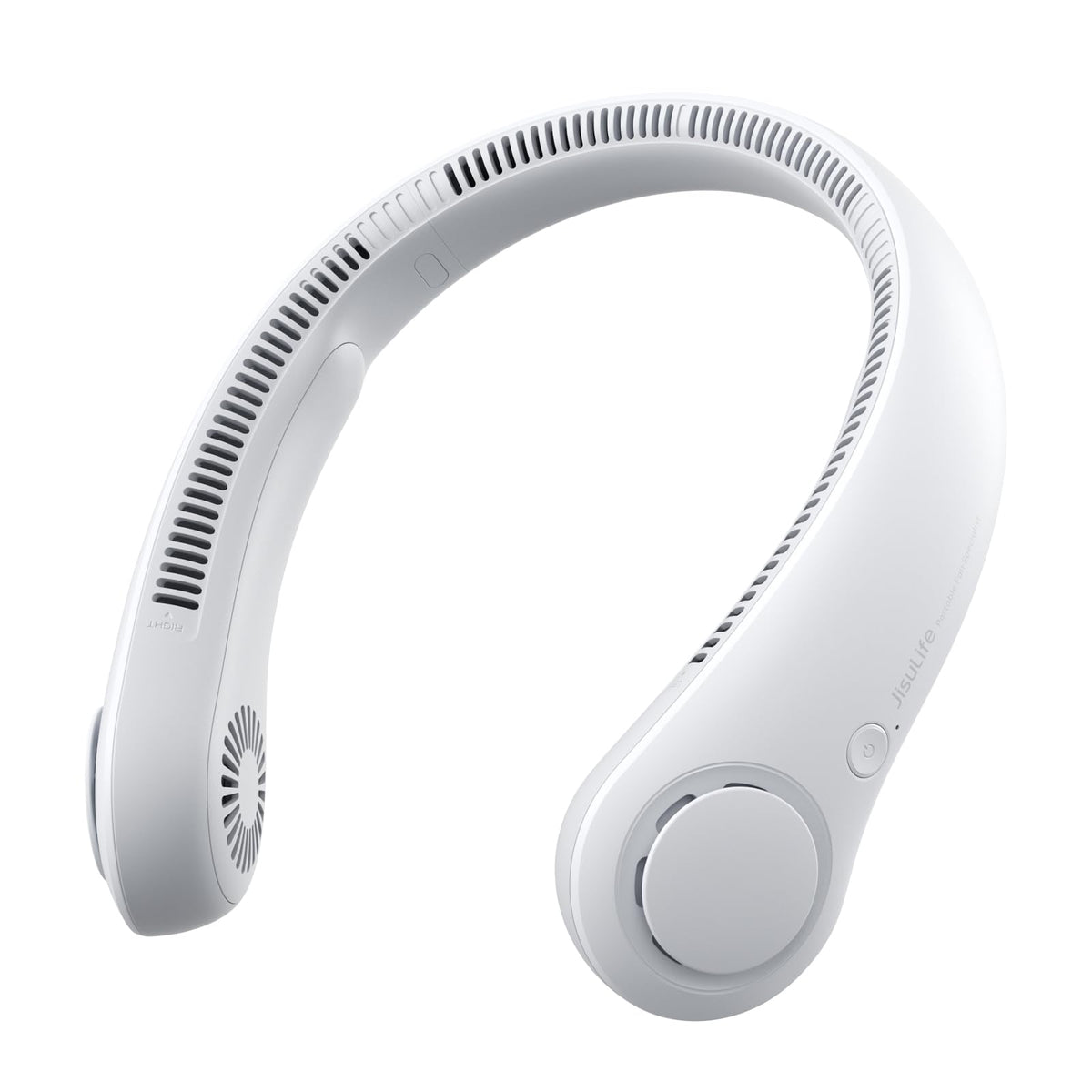 JISULIFE neck fan front view showing bladeless vents and comfortable fit