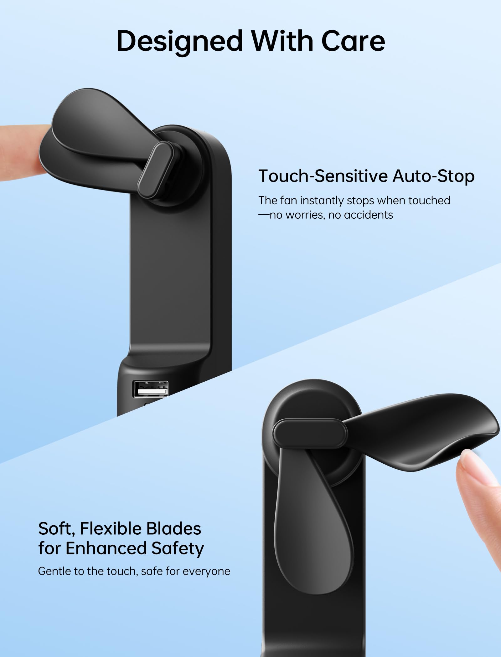 JISULIFE USB port close-up with cable showing convenient recharging benefit