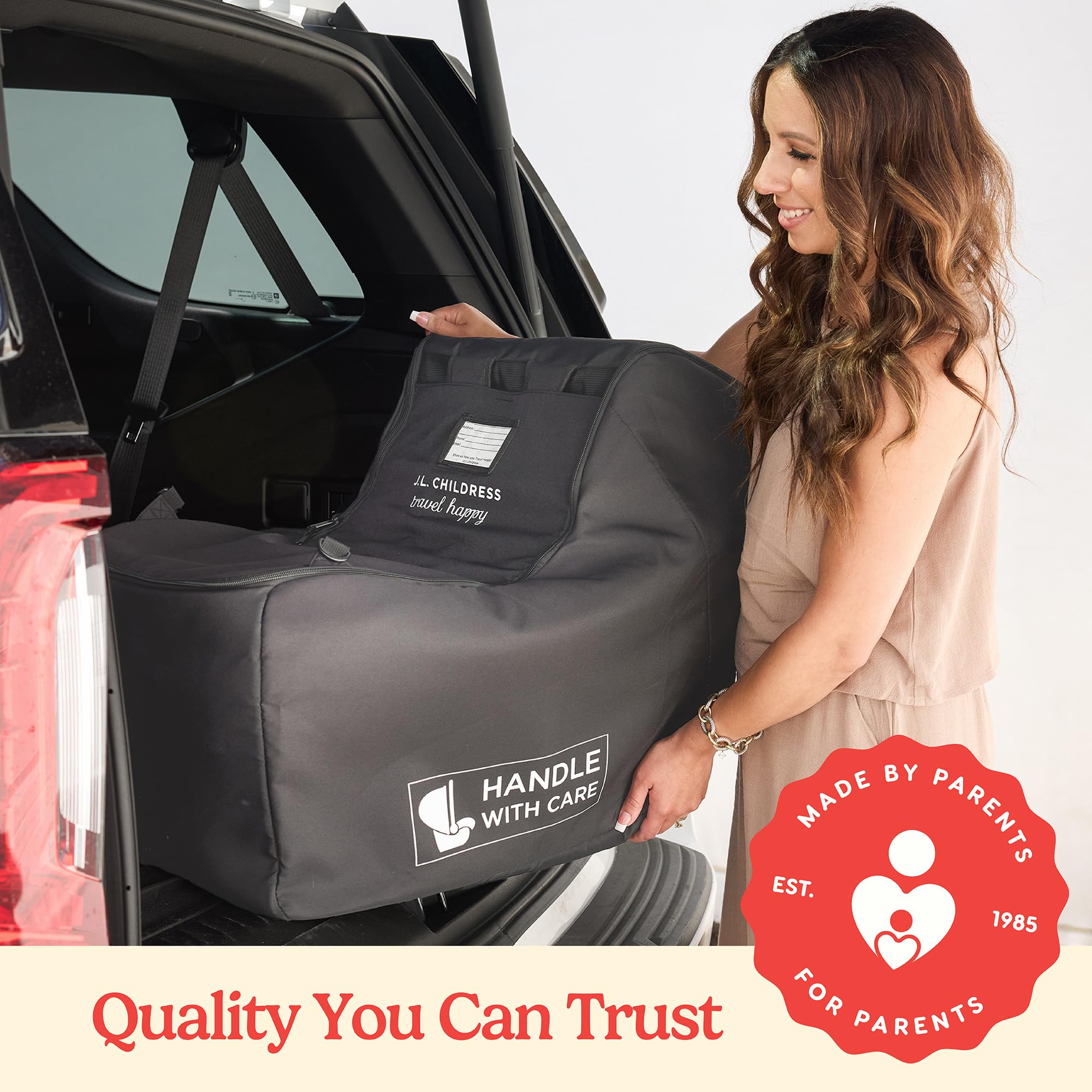 J.L. Childress travel bag with base attached showing compatibility and fit guidance at a glance