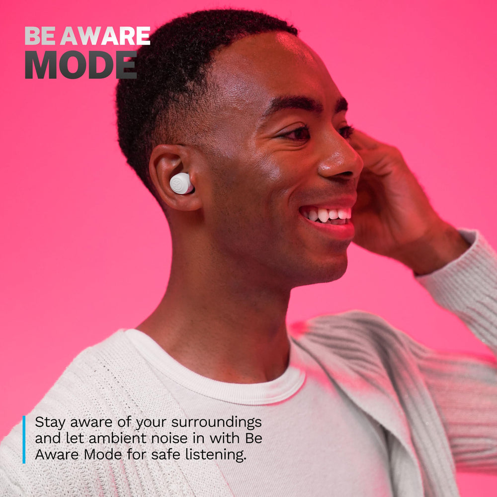 JLab Go Air Pop+ earbud close-up highlighting small design and comfortable fit