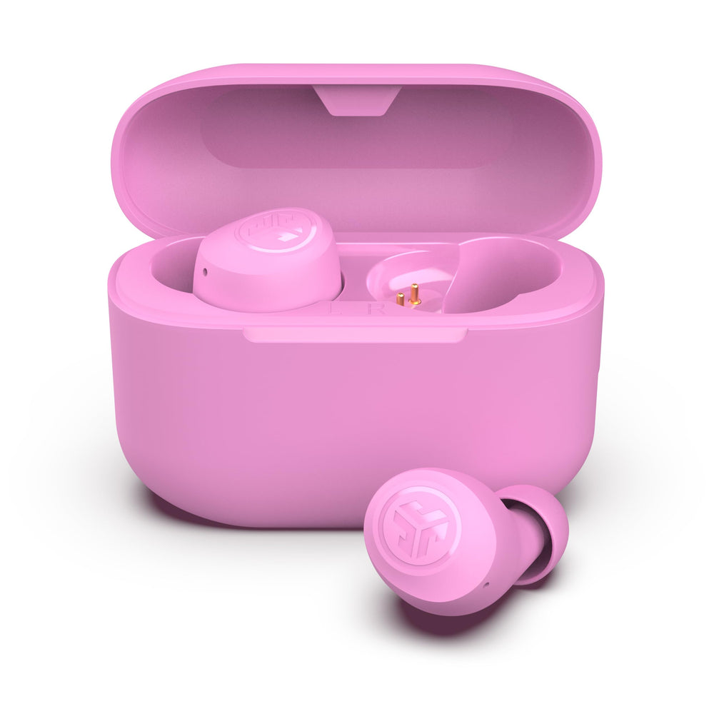 JLab Go Air Pop+ front view showing pink earbuds and compact case benefit portable listening