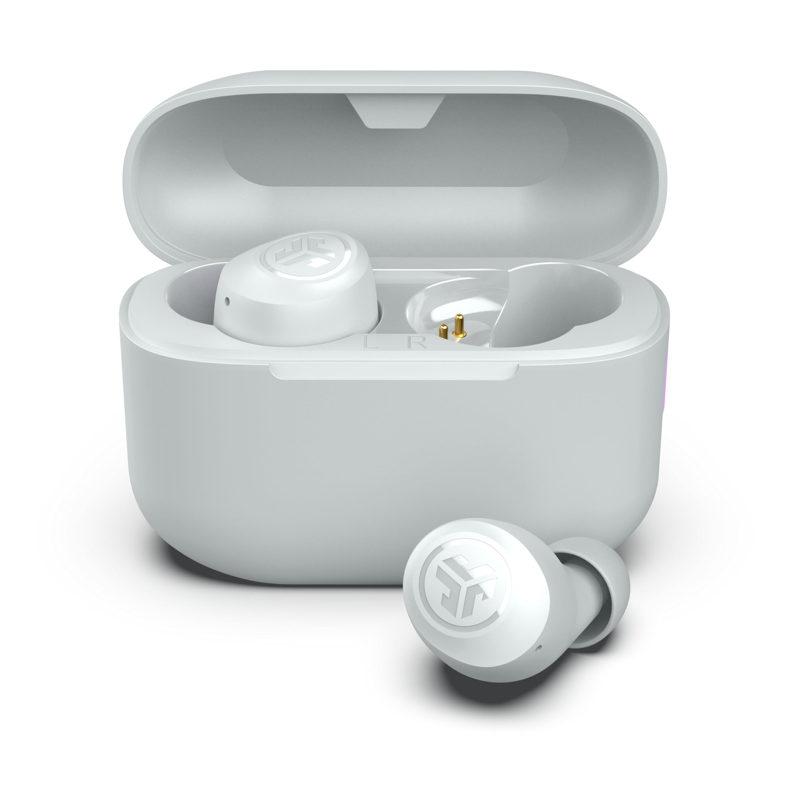 JLab Go Air Pop+ front view showing compact charging case and earbuds benefit portable storage