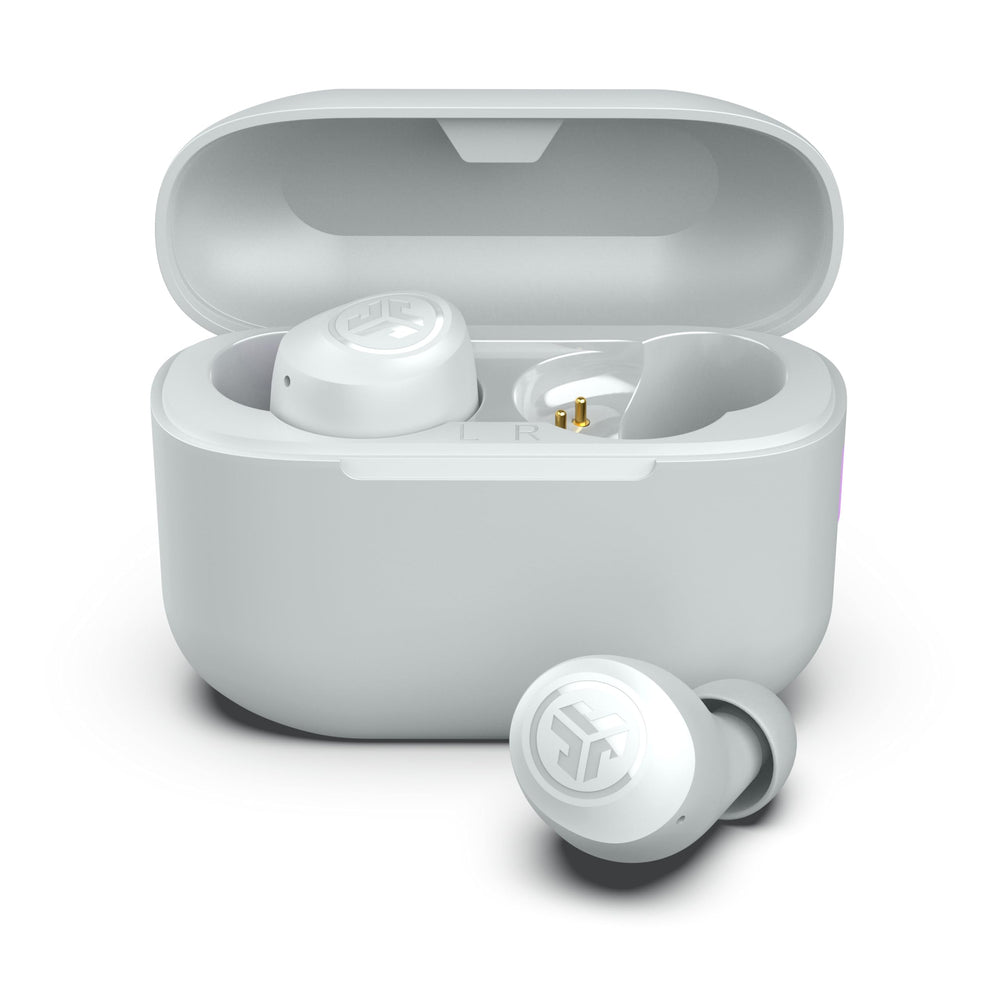 JLab Go Air Pop+ front view showing compact charging case and earbuds benefit portable storage