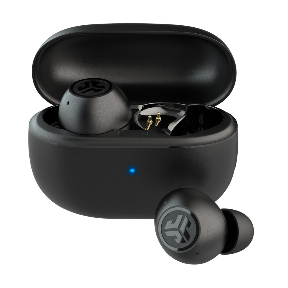 JLab front view showing earbuds and compact case for portable listening