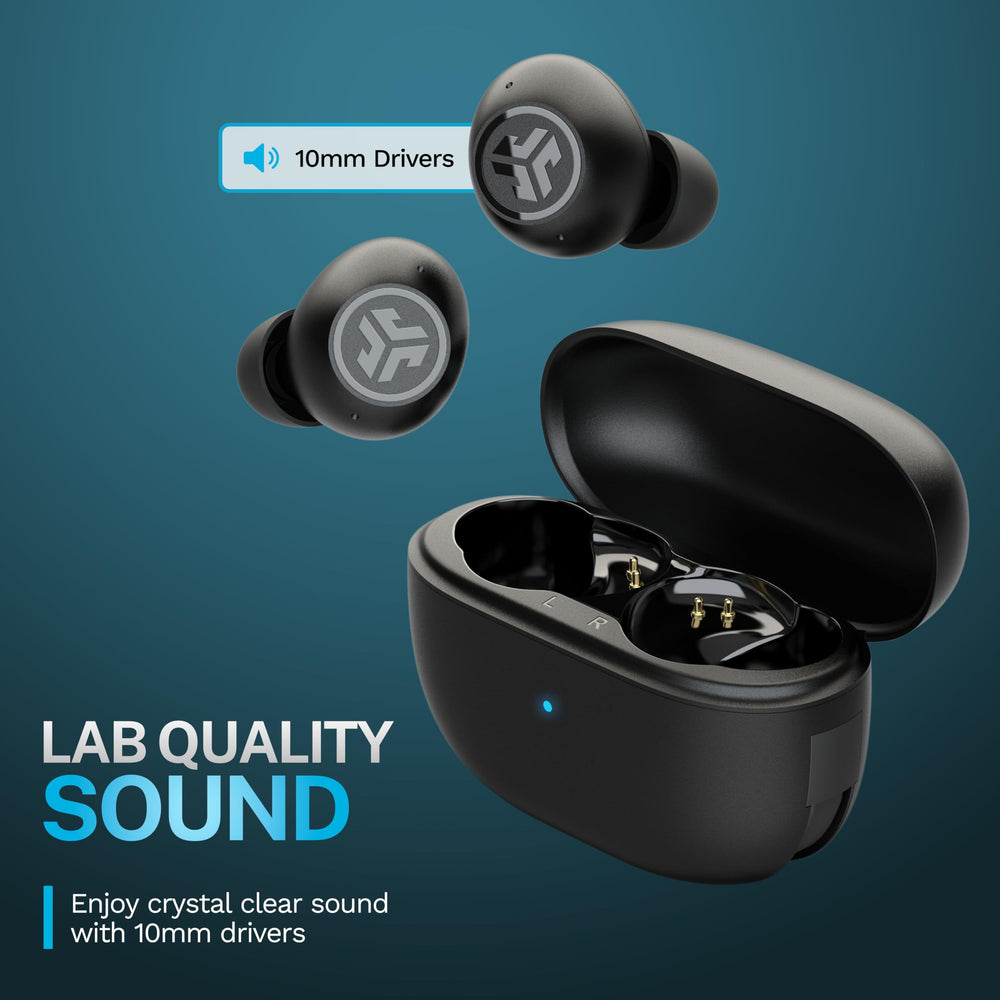 JLab earbud in-ear fit with gel tip providing secure comfortable seal