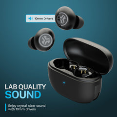 JLab earbud in-ear fit with gel tip providing secure comfortable seal