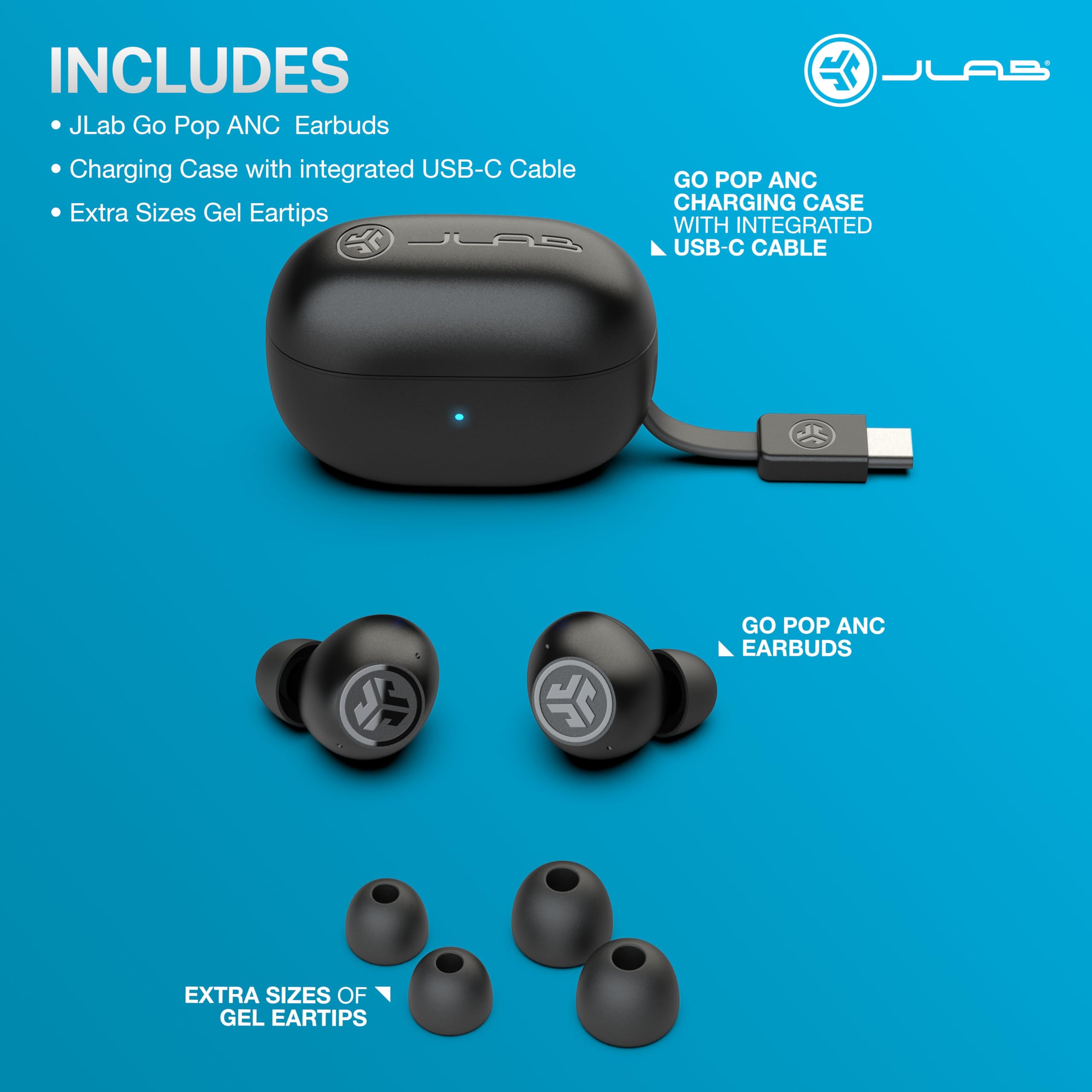 JLab boxed contents showing earbuds case, eartips, and quick-start convenience
