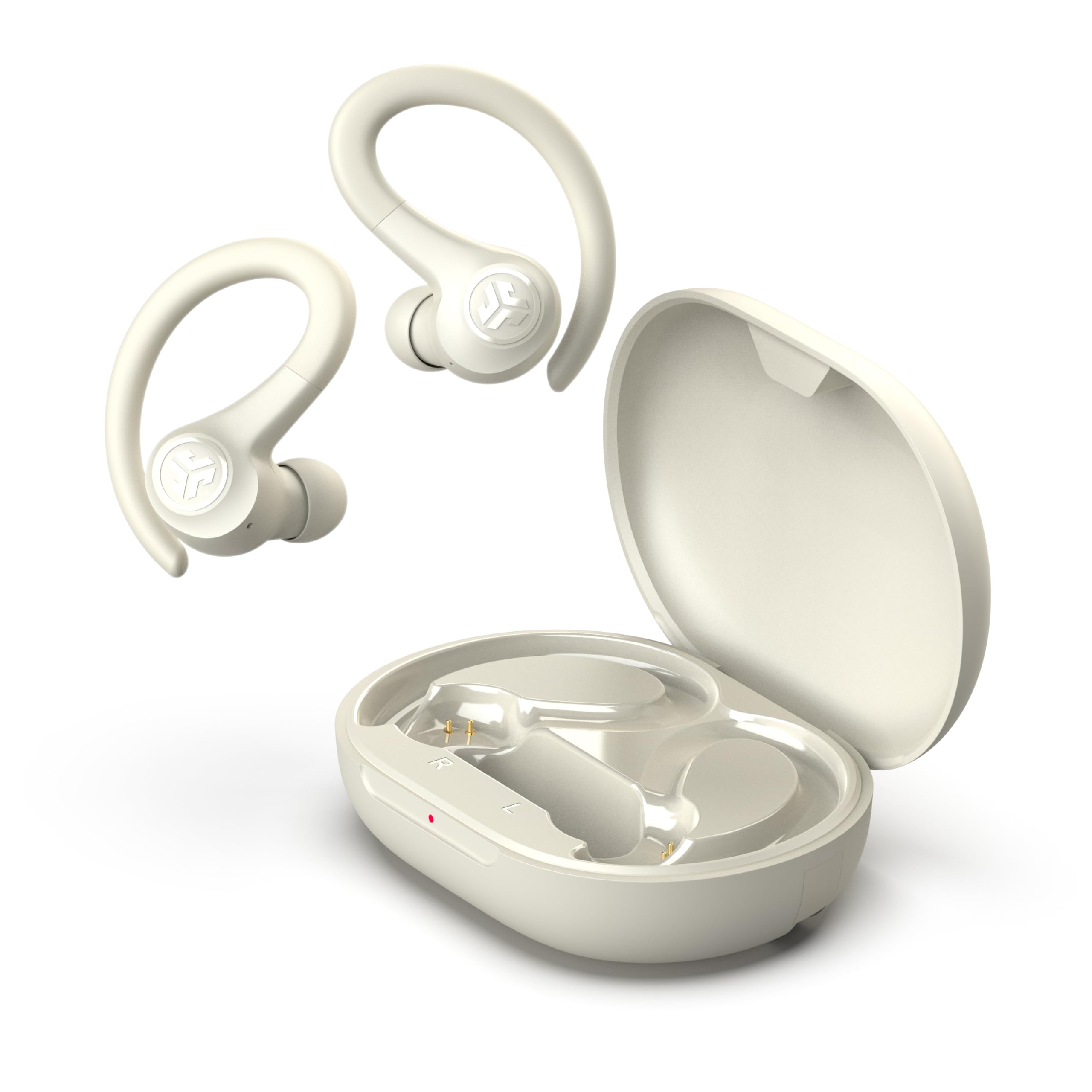 JLab Go Sport+ case showing built-in USB cable for convenient on-the-go charging