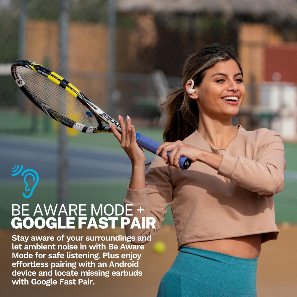 JLab Go Sport+ earhook close-up highlighting stable fit for active workouts