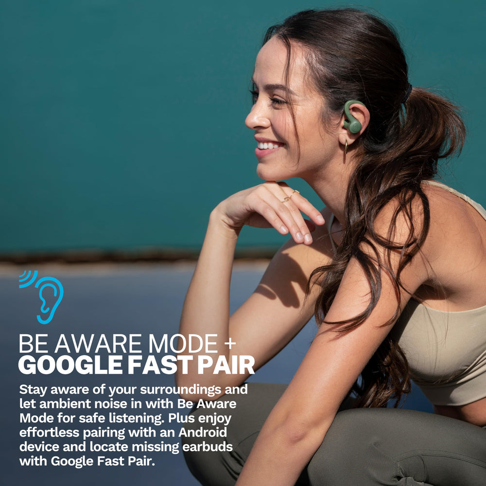 JLab Go Sport+ earhook close-up showing ergonomic grip for activity