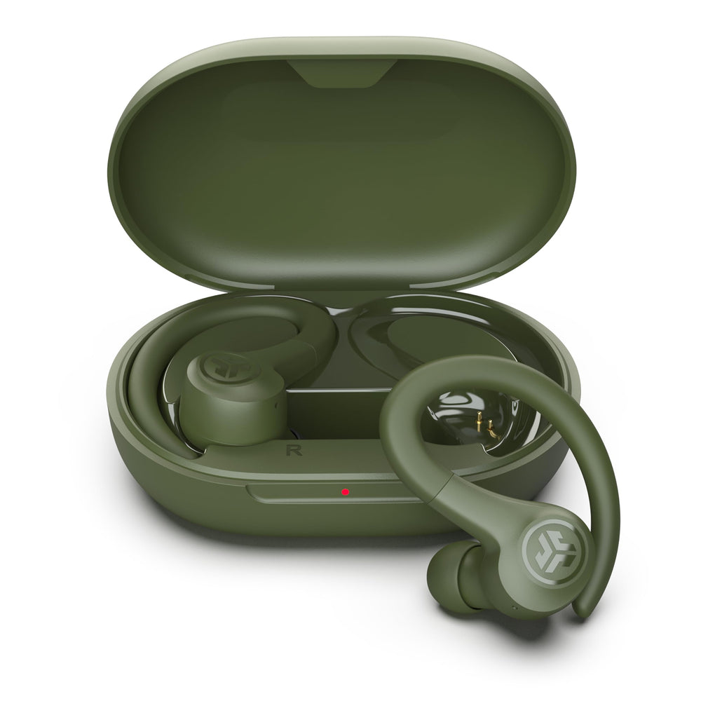 JLab Go Sport+ front view showing earbuds and secure fit benefits
