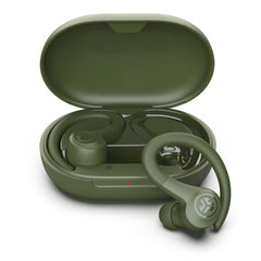 JLab Go Sport+ front view showing earbuds and secure fit benefits