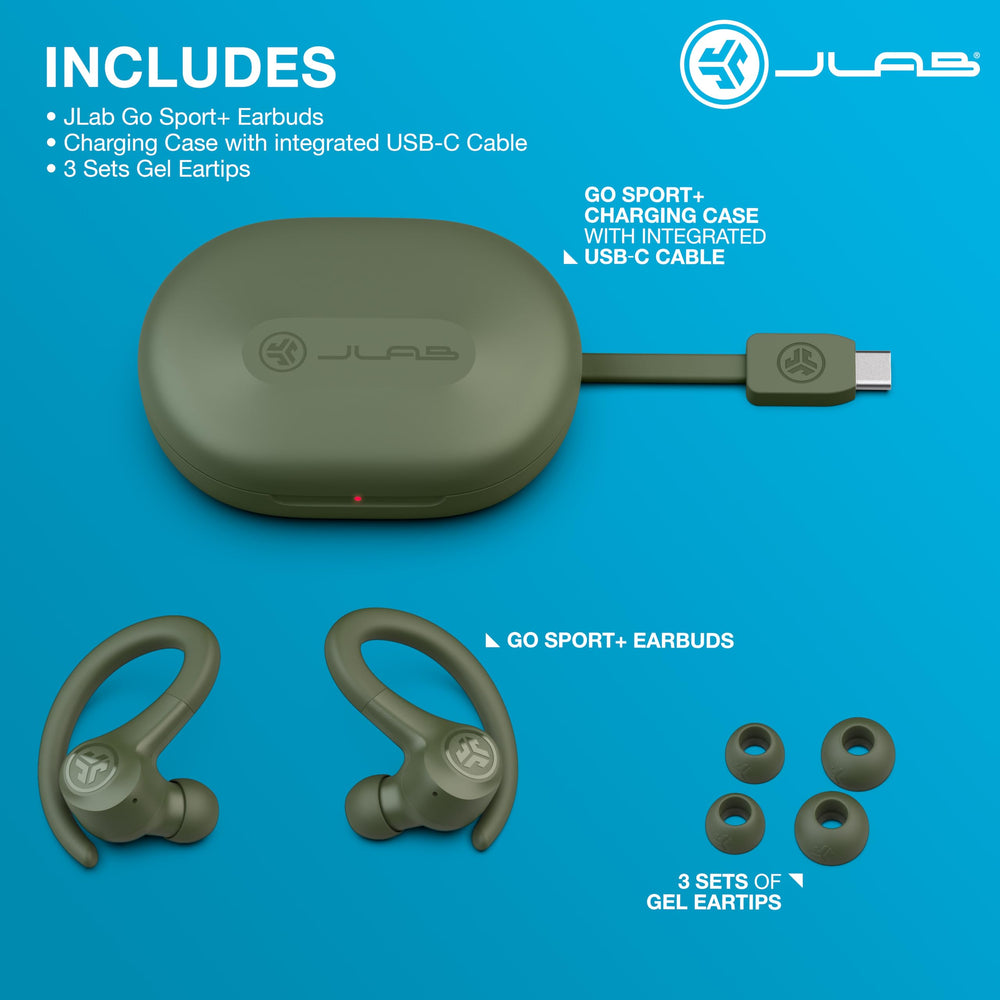 JLab Go Sport+ worn in ear during workout for stable, focused listening